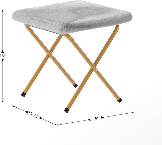 Flash Furniture Eleanor Portable Double Saucer Chair with 2 Ottomans Folding Steel Frames for Dorm or Bedroom 56 Gray Faux Fur/Soft Gold Frame