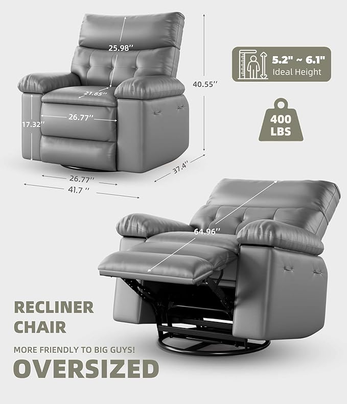 GarveeHome Oversized Leather Recliner Chair Swivel Rocker Manual Recliner for Adults Lazy Rocking Chair with Comfort Arms and Back Single Sofa for Living Room