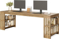 LITTLE TREE 78.7 Long Desk 2 Person Desk with Shelves Large Wooden Computer Desk Heavy Duty Shelf Legs Design for Two Person Home Office Business Workstation Natural (78.7 W x 23.6 D)