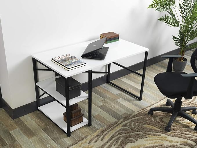 Sage Black Metal e 47 Wooden Top 2 Shelves Writing and Computer Desk for Home Office White