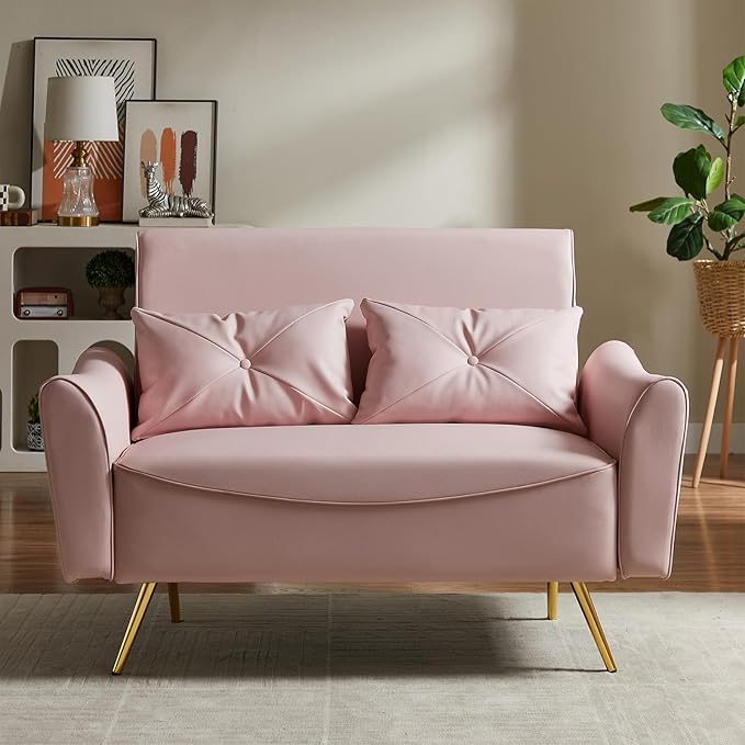 Brelice 48 Faux Leather Loveseat Sofa Modern Small Couch for Small Space with 2 Pillows 2 Seater Couch for Living Room Bedroom Office Apartment (Pink)