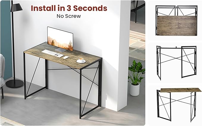 Folding Computer Desk for Home Office – 39 Small Portable Writing Desk Light Brown Oak and Black Frame Space-Saving Modern Study Table No Assembly Required