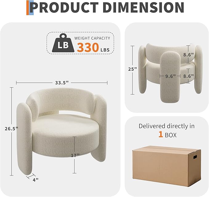 Cozy Oversized Barrel Accent Chair in Modern Mid-Century Boucle Chair Fabric Round Open Back Lounge Armchair for Reading Corner Bedroom Living Room and Apatment Decor Cream White