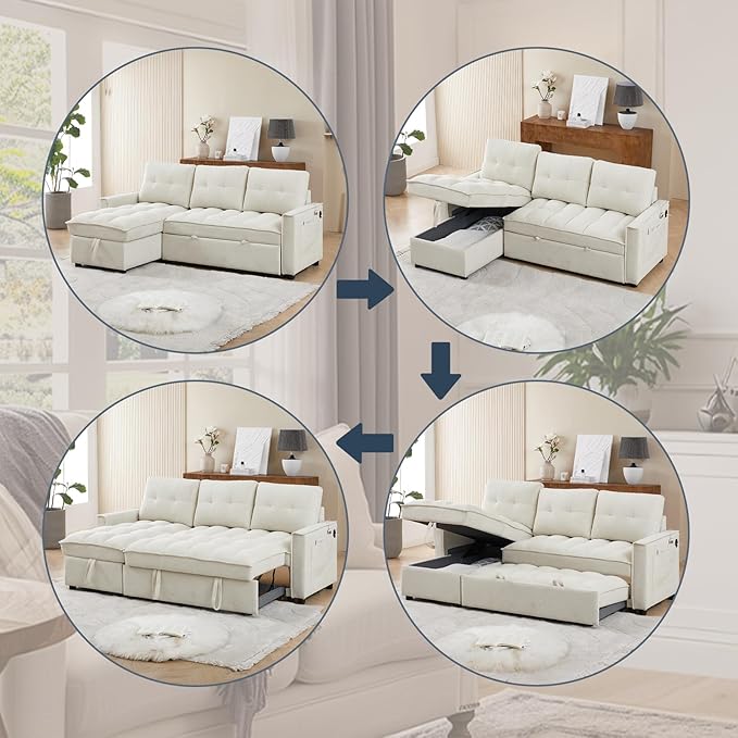 78.75 Sleeper Sofa CouchModern L-Shaped Couches Pull Out Couch with USB Ports&ampSide PocketSleeper Sectional Sofa for Living Room ApartmentChenille(Beige)
