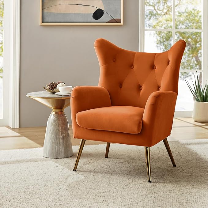HULALA HOME Velvet Accent Chair Set of 2 Modern Wingback Arm Chair with Metal Gold Legs Velvet Tufted Upholstered(Orange)