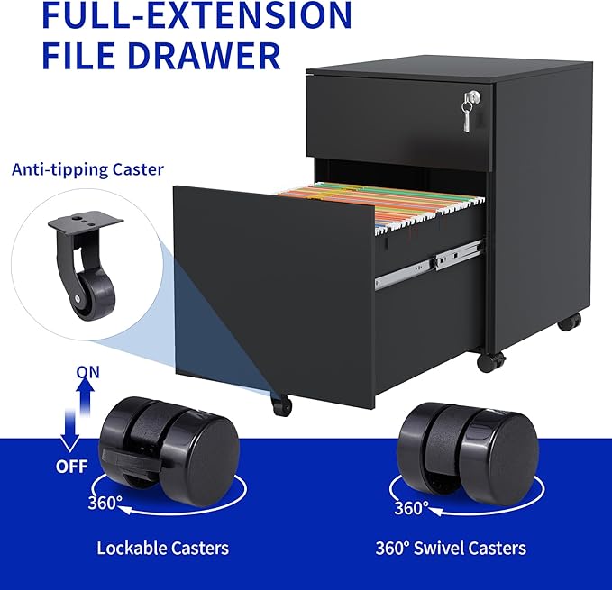 2 Drawer Mobile File Cabinet with Lock Steel File Cabinet for Legal/Letter/A4/F4 Size Fully Assembled Except for Wheels Home/Office Design Black