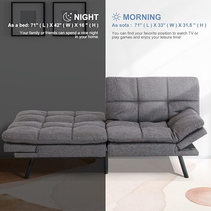 MUUEGM Futon Sofa Bed Couch Memory Foam Futon Convertible Couch Bed SleeperModern Love Seat Daybed Sofa for Living RoomSmall SpaceOffice71Adjustable Backrests ArmrestsGrey