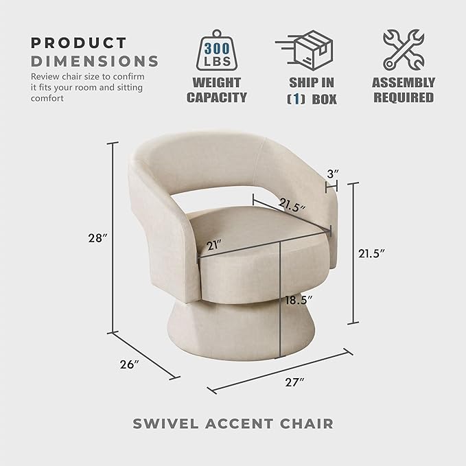 Lexicon 360 Degree Swivel Accent Chair Modern Comfy Velvet Round Barrel Chair Open Back Plush Foam Cushions Metal Swivel Base for Living Room/Bedroom/Office Taupe