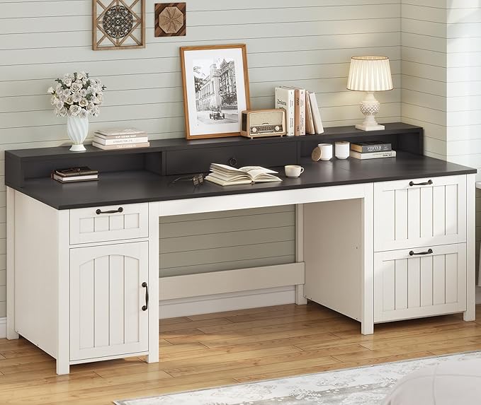 SEDETA Farmhouse 63 Executive Desk Home Office Desk with File Drawer and Monitor Stand Computer Desk with Drawers and Storage Cabinet Wood Desk for Work Study Writing White