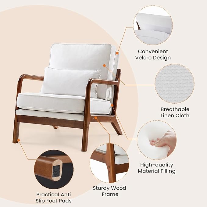 Modern Accent Mid Century Living Room Chairs with Lumbar Pillow Upholstered Comfy Rocking Chair with Wood Frame for Bedroom