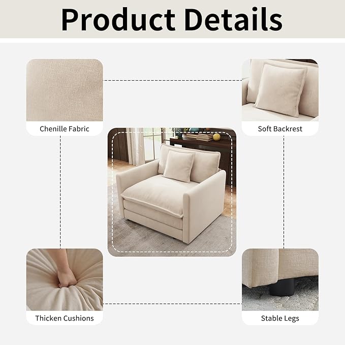 Modular Sectional Sofa 41 Chenille Single Seat Sofa with Pillow &amp Armrests Ultra Soft Cloud Sectional Couch Modern Deep Seat Sofa for Living Room (Khaki Single Seat)