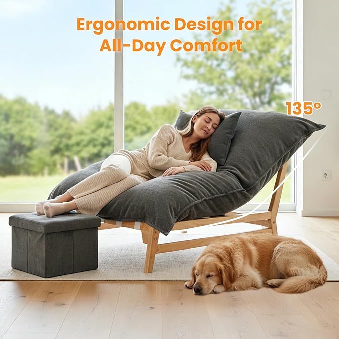 MOPHOTO Oversized Chaise Lounge Chair with Ottoman Multi-Functional Upholstered Recliner Chair Comfy Accent Chair with Storage Footrest &amp Pillow for Living Room Bedroom &amp Reading (Grey