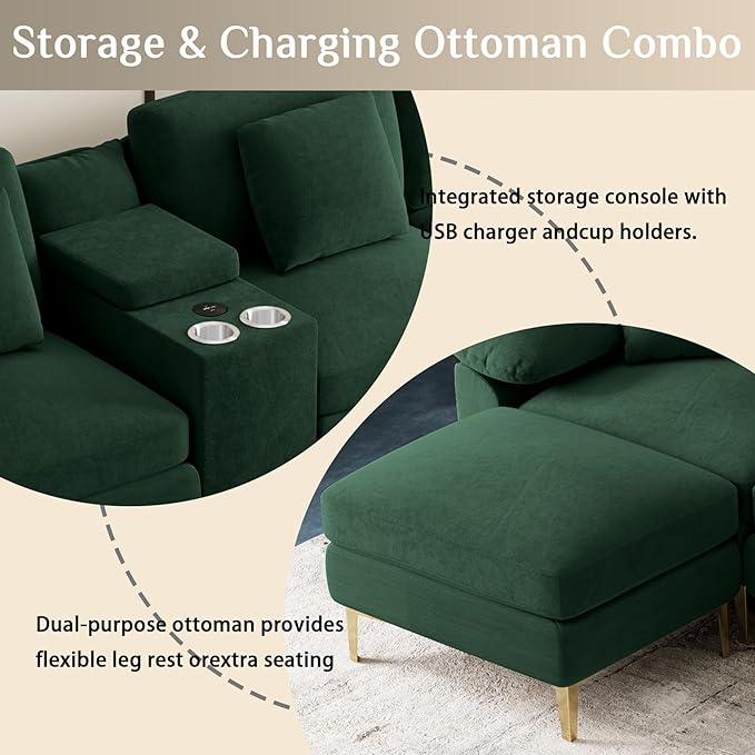 OUYESSIR U-Shaped Sectional Sofa Couch 4 Seat Sofa Set for Living Room Convertible U-Shaped Chenille Couch Set with USB Port Central Console Ottoman128 inches (Green)