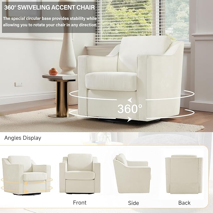 UIXE Swivel Accent Chair Chenille Upholstered Armchair for Living Room Comfy Single Sofa Bedroom Reading Seat with Lumbar Pillow - Beige