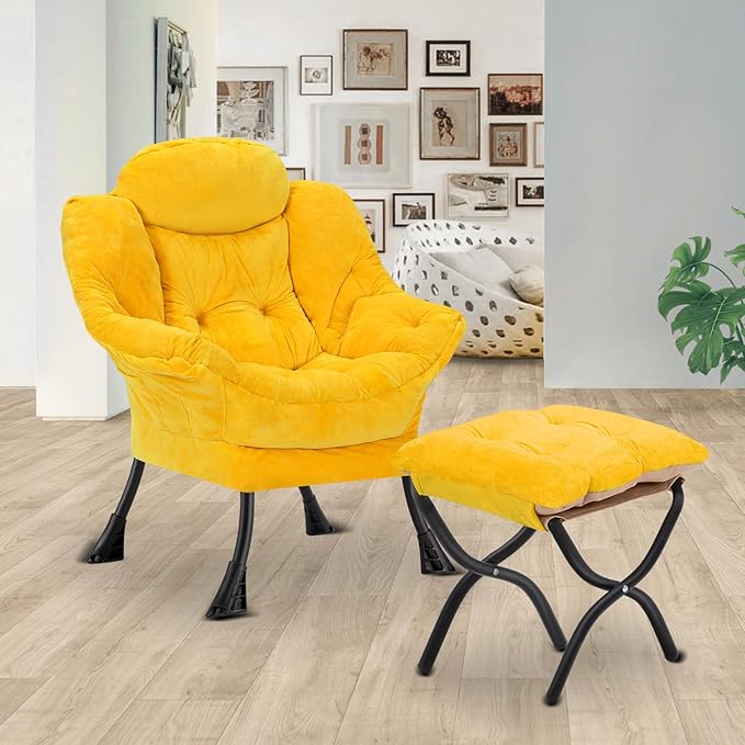 Lazy Chair with Folding OttomanLeisure Sofa ChairSoft Fabric Armchair with Armrests and Side Pockets Reading Chair with Footrest for Living Room Bedroom Office (Plush Yellow)