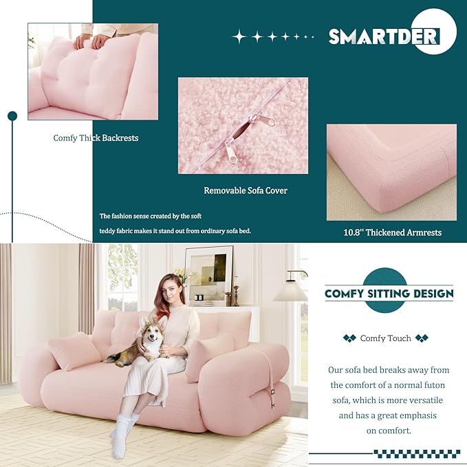Convertible Sofa Bed with Folding Mattress Oversized Human Dog Bed 3-in-1 Sleeper Couch with Pillows and Thick Armrests 78.7 King Size Floor Sofa for Living Room Bedroom Guest Room Pink Teddy