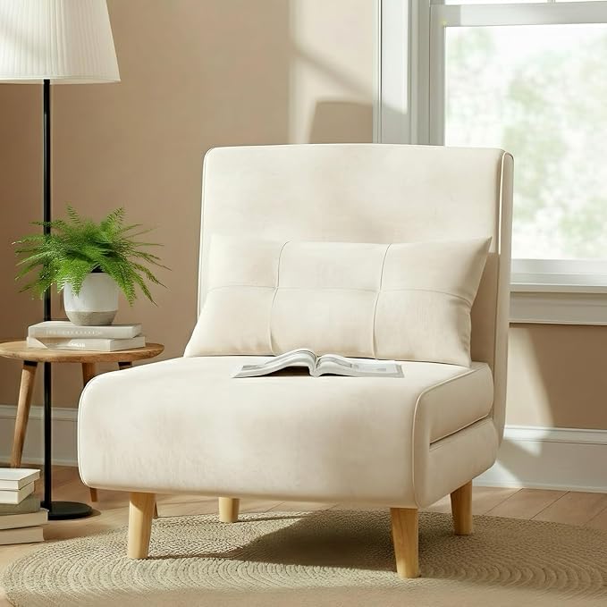Ahomly 3 in 1 Convertible Sleeper Chair Sofa Chair for Adults with 6 Angle Adjustable Backrest Single Sleeper for Living Room/Apartment/Office Beige