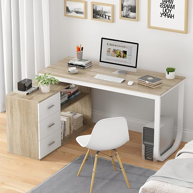 Homsee Home Office Computer Desk Corner Desk with 3 Drawers and 2 Shelves 55 Inch Large L-Shaped Study Writing Table with Storage Cabinet - Walnut and White
