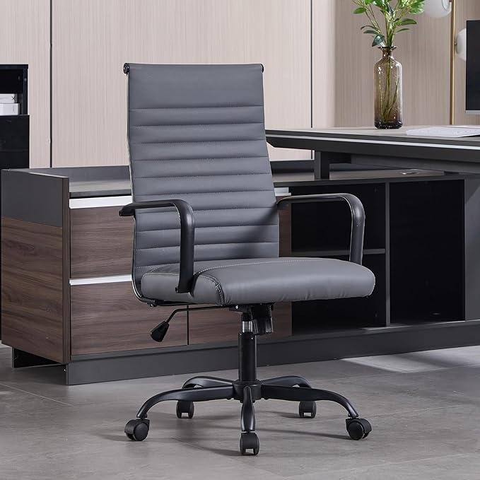 Office Chair Ergonomic Executive Conference Room Chairs Ribbed Leather Desk Chair with Lumbar Support Adjustable Height Mid-Back Swivel Chair with Padded Seat