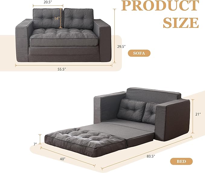 YOSHOOT Loveseat Sleeper Sofa55 Convertible Sofa Bed Couch Futon Couches for Living Room3-in-1 Pull Out Floor Couch with Reclining Backrest and Pillows