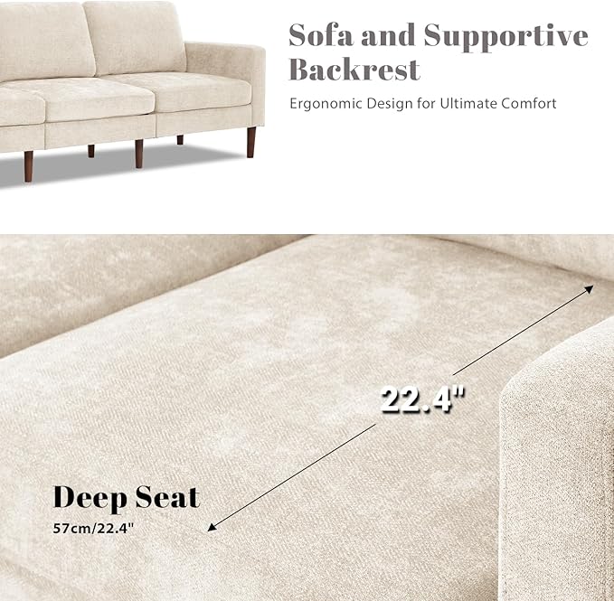 Kingfun 91.7 3 Seater Sofa Chenille Couch Mid Century Modern Couches with Solid Wood Legs for Living Room &amp Bedroom Beige