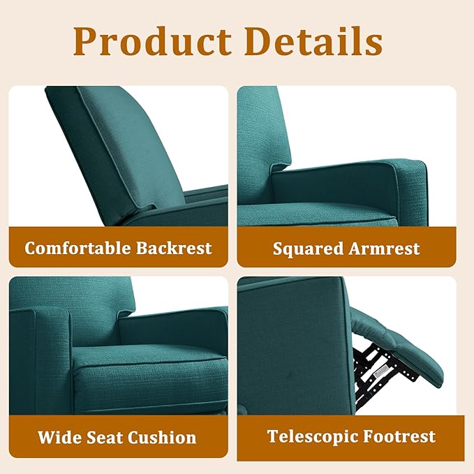 Swivel Rocker Recliner Chair for Adults High Back Fabric Recliner with Deep Seat Manual Glider for Living Room &amp Nursery Green