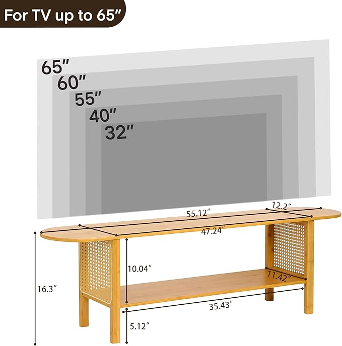 Bamboo TV Stand for TVs up to 65 Accent Entertainment Center with Storage Media Console Table with Rattan Modern TV Stand for Living Room Bedroom 55(L) Burlywood