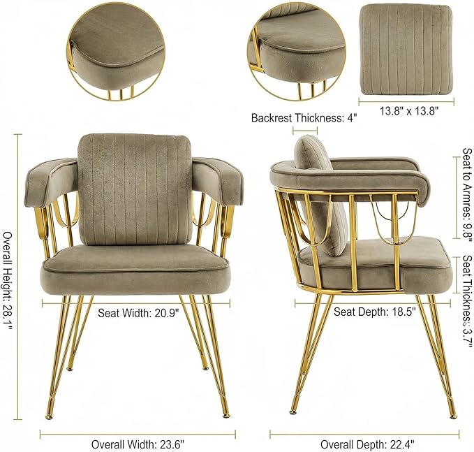 Makeup Vanity Chair with Gold Back No Wheels Accent Velvet Desk Chairs with Extra Lumbar Pillow for Girls Bedroom Dressing Room Nail Salon Living Room Greyish Brown