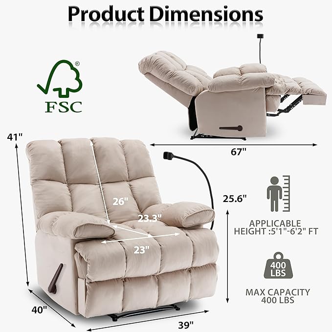Oversized Recliner Chair with Phone Holder Manual Velvet Big Man Recliners Supports Up to 400 LBS Extra Wide Recliner Chairs for Bedroom Living Room and Home Theater Beige