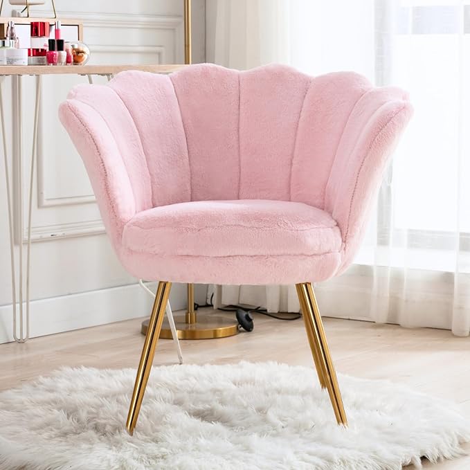 chairus Pink Makeup Vanity Chair with Back Modern Faux Fur Upholstered Small Accent Chair with Gold Metal Legs Cute Shell Shaped Vanity Stool Desk Chair for Living Room Bedroom Dressing Room