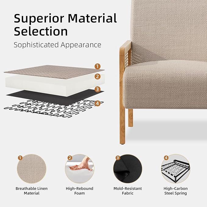 Rattan Accent Chair Set of 2 with Rattan Arms Mid Century Modern Chair for Living Room Linen Upholstered Comfy Chair for Bedroom Reading Room Home Office Brown