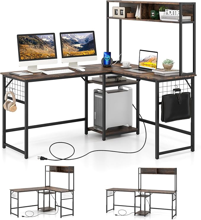 Tangkula L-Shaped Desk Converts to 2-Person Long Desk with Hutch Power Outlet &amp 3 Removable Hooks Perfect for Home Office or Gaming (Rustic Brown)