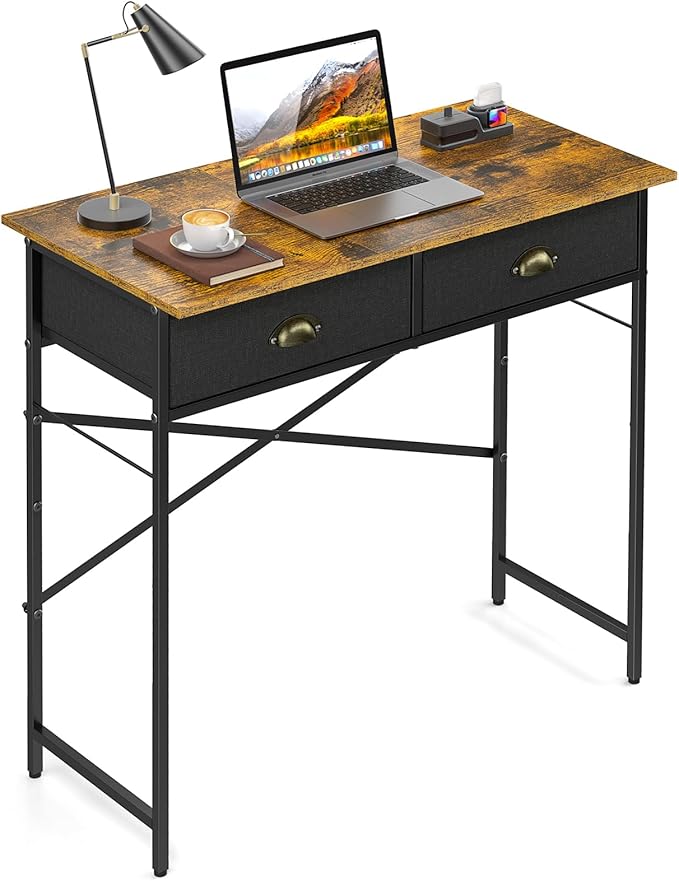 Small Writing Desk for Kids Bedroom 31.5 Inch Computer Desk for Small Spaces Simple Desk with 2 Fabric Drawers for Home Office Dorm Living Room Home Study Table Rustic Brown