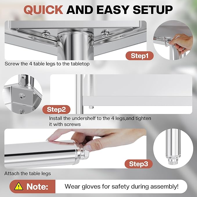 Jocisland 30 x 96 Stainless Steel Table for Prep &amp Work NSF Certified Adjustable Under Shelf and Feet for Commercial Kitchen Restaurant Hotel Garage