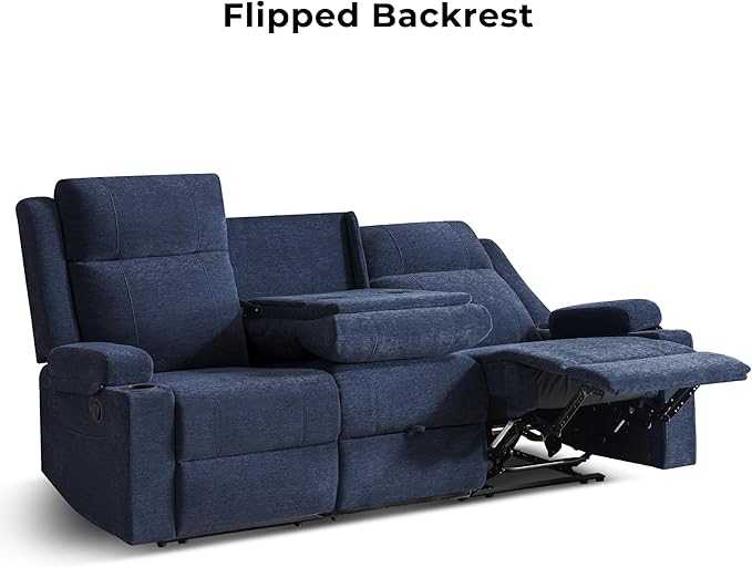 Large Manual Reclining Sofa 3-Seater Chenille Recliner Couch with Cup Holders Wide Seat Easy Assembly &amp Spill-Resistant Fabric Cozy Reclining Sofa for Living Room Apartment RV Blue