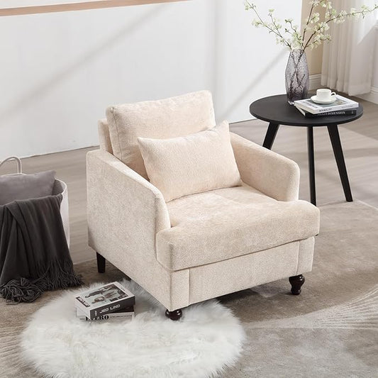 Mid Century Modern Accent Chair with 2 Pillows Chenille Upholstered Armchair with Solid Wood Legs and Thick Cushion Tufted Club Chair Comfy Reading Chair Lounge Chair for Living Room Bedroom Beige