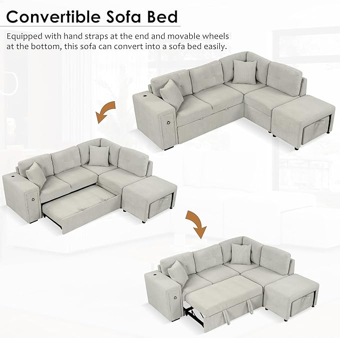 86.6 L-Shaped Sectional Sofa Couch Chenille Upholstered Pull-Out Sofa Bed Sleeper with a Movable Ottoman and 2 Cup Holders for Living Room Apartment Offices (Grey-86.6)