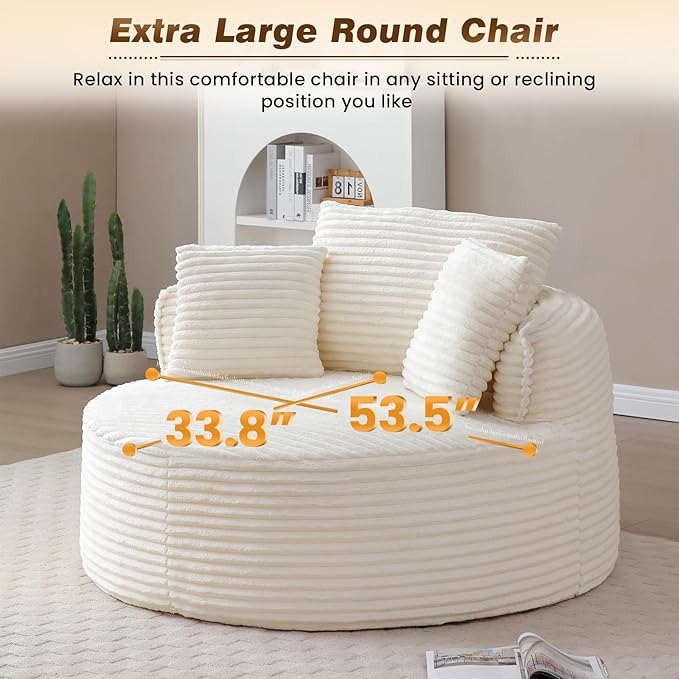 53W Oversized Round Chaise Longue Chair IndoorCorduroy Fluffy Comfy Cloud ChairCircle Bean Bag Sofa with Foam Filling &amp PillowsBoneless Reading Cozy Sofa Chairs for Living RoomBedroomWhite