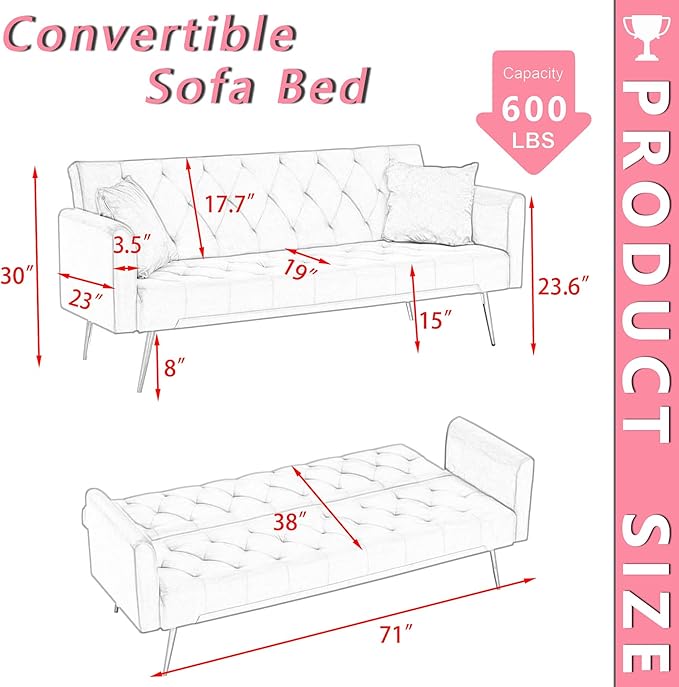 71 Pink Futon Sofa Bed Couch: Velvet Fabric Memory Foam 2 Pillows Gold Metal Feet Adjustable Tufted Backrest Convertible Folding Sleeper Loveseat for Living Room Bedroom Apartment (Pink)