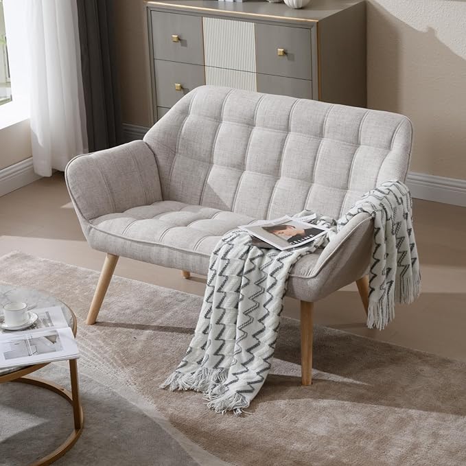 48”Small Loveseat Sofa Modern Linen Upholstered Mini Couch 2-Seater Fluffy Love Seat with Quilting Backs and Wood Legs for Small Space Living Room Bedroom Beige