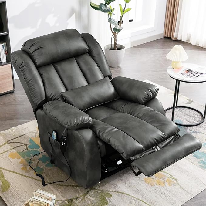 Infinite Position Lay Flat Lift Recliner Chair for Adults Dual Motor Power Lift Chair for Elderly with Massage &amp Heating USB Ports Remote Control &amp Lumbar Pillow Leather (Silver Grey)