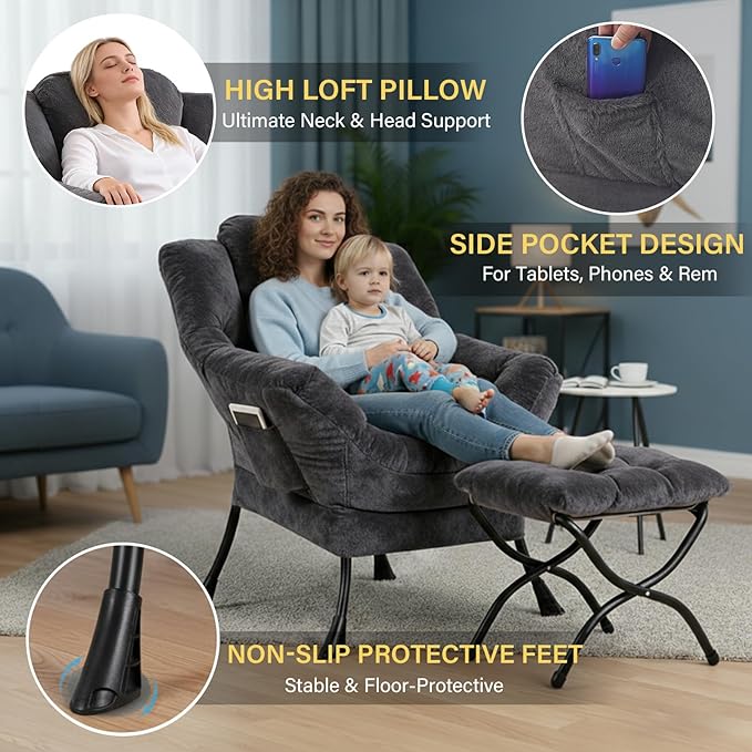 Plush Lazy Chair and Ottoman Large Dark Grey Contemporary Accent Chair with Side Pocket Modern Leisure Upholstered Reading Armchair with Footrest for Office Bedroom Living Room Balcony