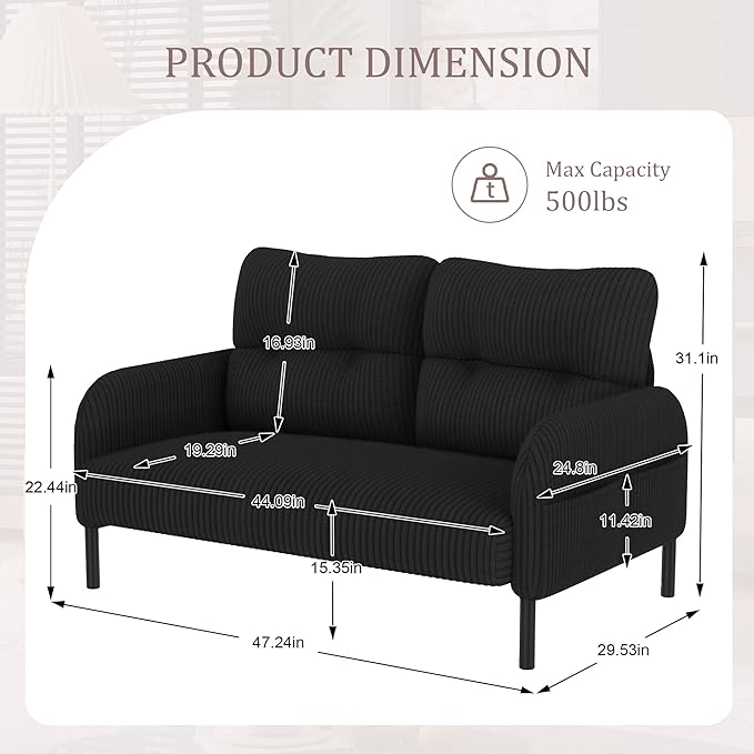 47 Loveseat Sofa Small Couches for Small Spaces Comfy Corduroy Solid Wood Frame Modern Deep Seat 2 Seater Couch with Side Pockets for Bedroom Living Room Apartment Office (Black)