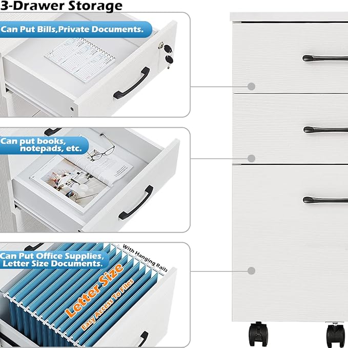 Panana 3 Drawer Wood Mobile File Cabinet Under Desk Storage Drawers Small File Cabinet for Home Office (White)