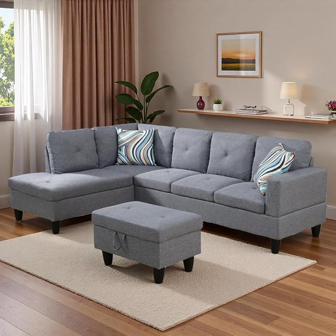 L-Shaped Sectional Sofa with Movable Chaise &amp Storage Ottoman Lounge 3-Piece Modular Convertible Couches for Living Room Apartment &amp Office Grey