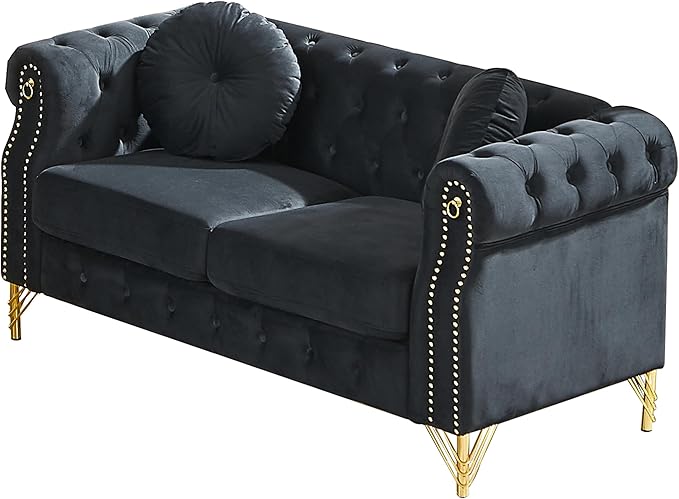 ERYE 60.5-Inch Button Tufted Sofa Couch with 2 Round Pillows 2 Seat Velvet Tufted Sofa Compact Chesterfield Loveseat Couches W/Nailhead DecorRing Accent &amp Golden Legs