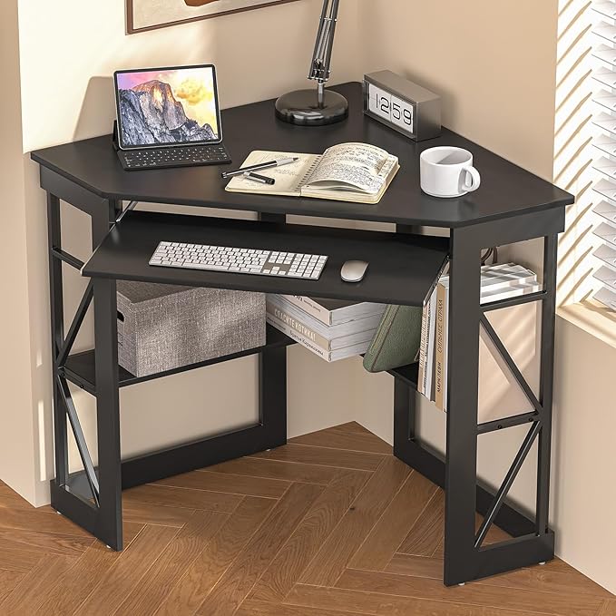 VECELO Corner Desk Computer Desk Writing Table with Smooth Keyboard Tray &amp Storage ShelvesCompact Home Office Triangle TableBlack