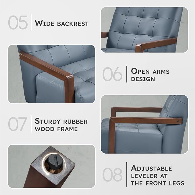 Lexicon Modern Accent Chair Luxury Genuine Leather Match Living Room Chair with Tufted Cushions Solid Wood Frame and Arm Rest Comfy Upholstered Single Seat for Bedroom/Reading/Office Blue