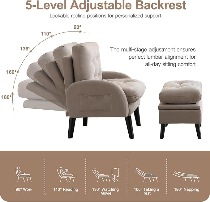 ELUCHANG Accent Chairs with Ottoman Upholstered Comfy Armchair with Adjustable Backrest&ampStorage Footrest Lazy Chair Reading Chair Leisure Sofa Recliner for Living Room Bedroom (Light Grey - Line