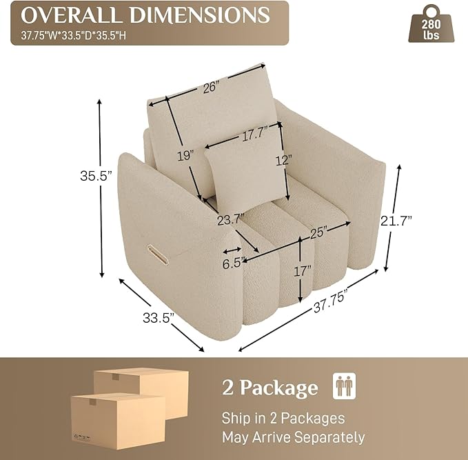 OUYESSIR 38 Modern Accent Single Sofa Chair Comfy Deep Seat Teddy Living Room Chair Leisure Boucle Reading Sofa Arm Chair for Bedroom Office Apartment Light Brown